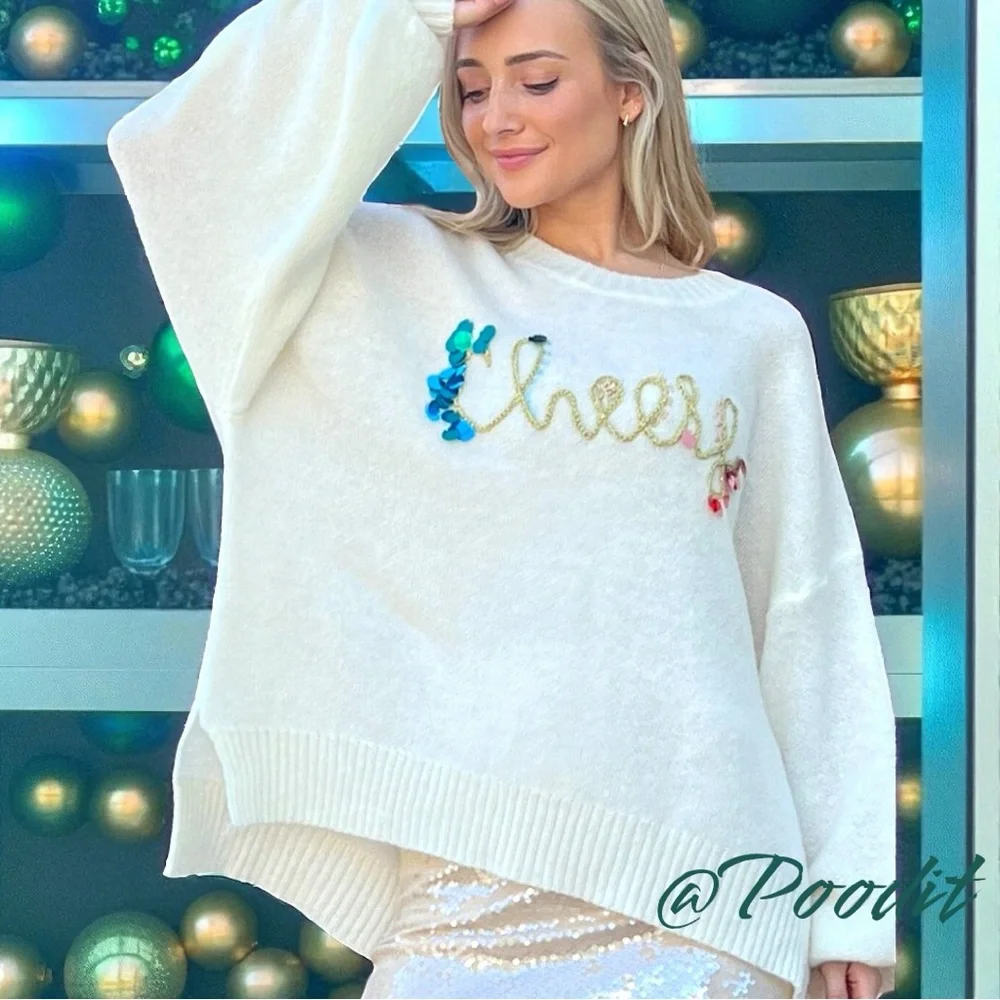 AND THE WHY oversized Cheers ivory part wool holiday sweater S/M M/L Combo Size - Picture 4 of 11